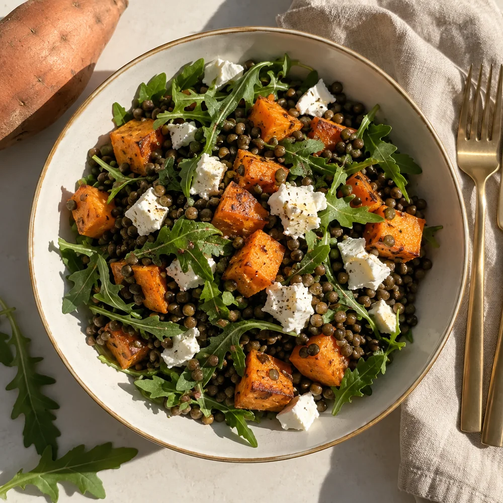 Warm lentil and sweet potato salad