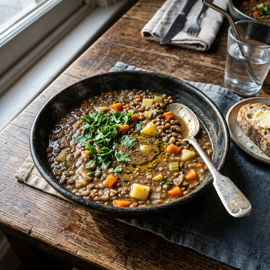 Warm lentil stew with carrots and potatoes