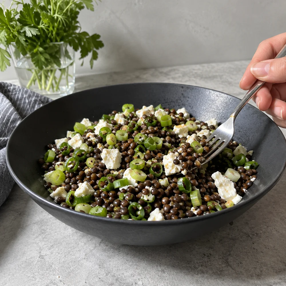 Warm lentil salad with feta and walnuts