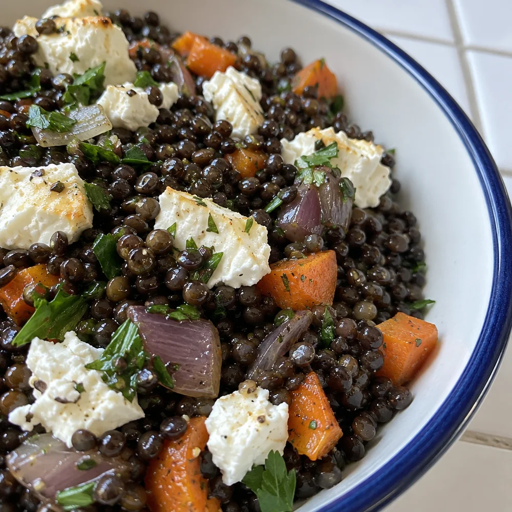 Warm lentil salad with goat's cheese