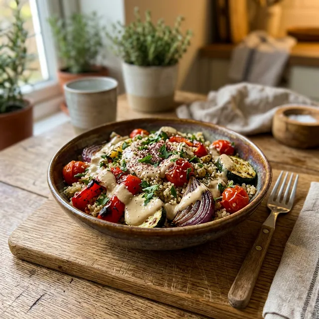Veganer Warmer Quinoa-Salat mit geröstetem Gemüse