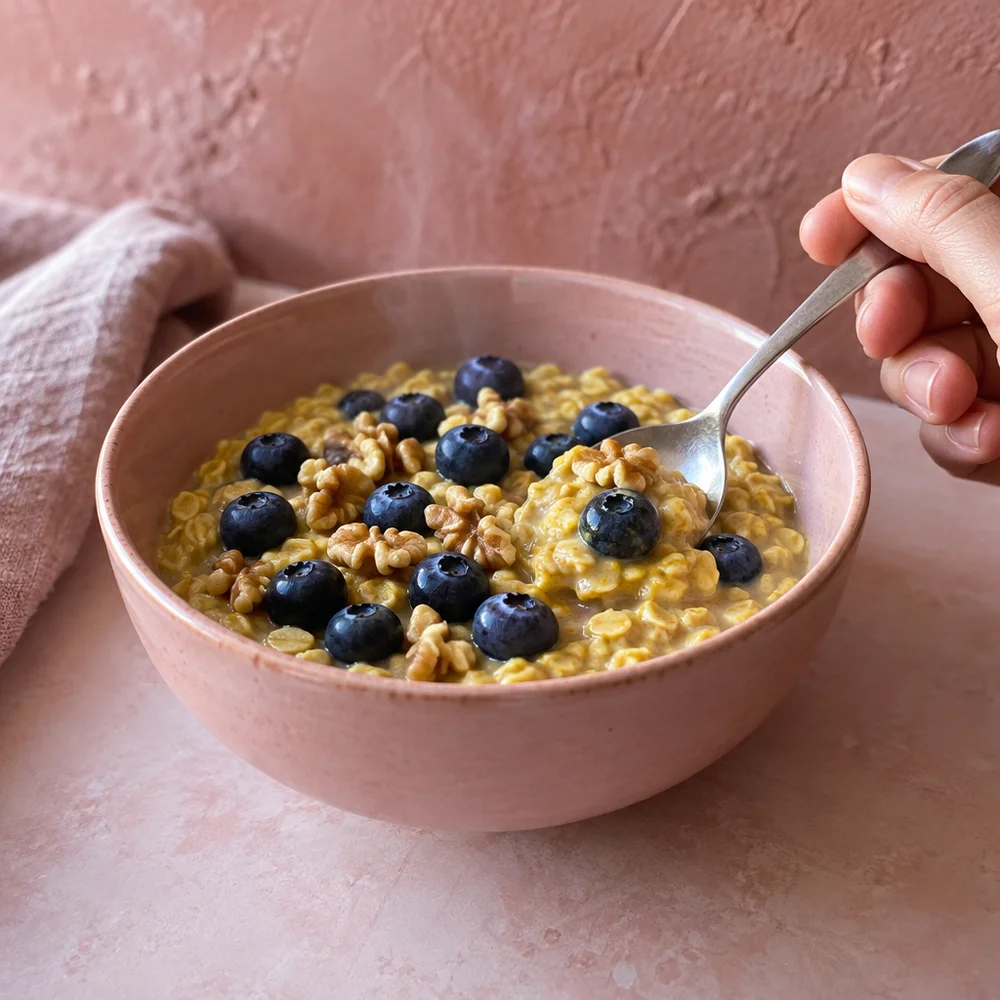Warm turmeric porridge with walnuts and blueberries