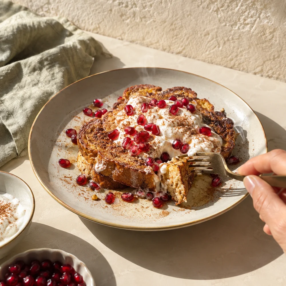 Christmas French toast with cinnamon yoghurt and pomegranate