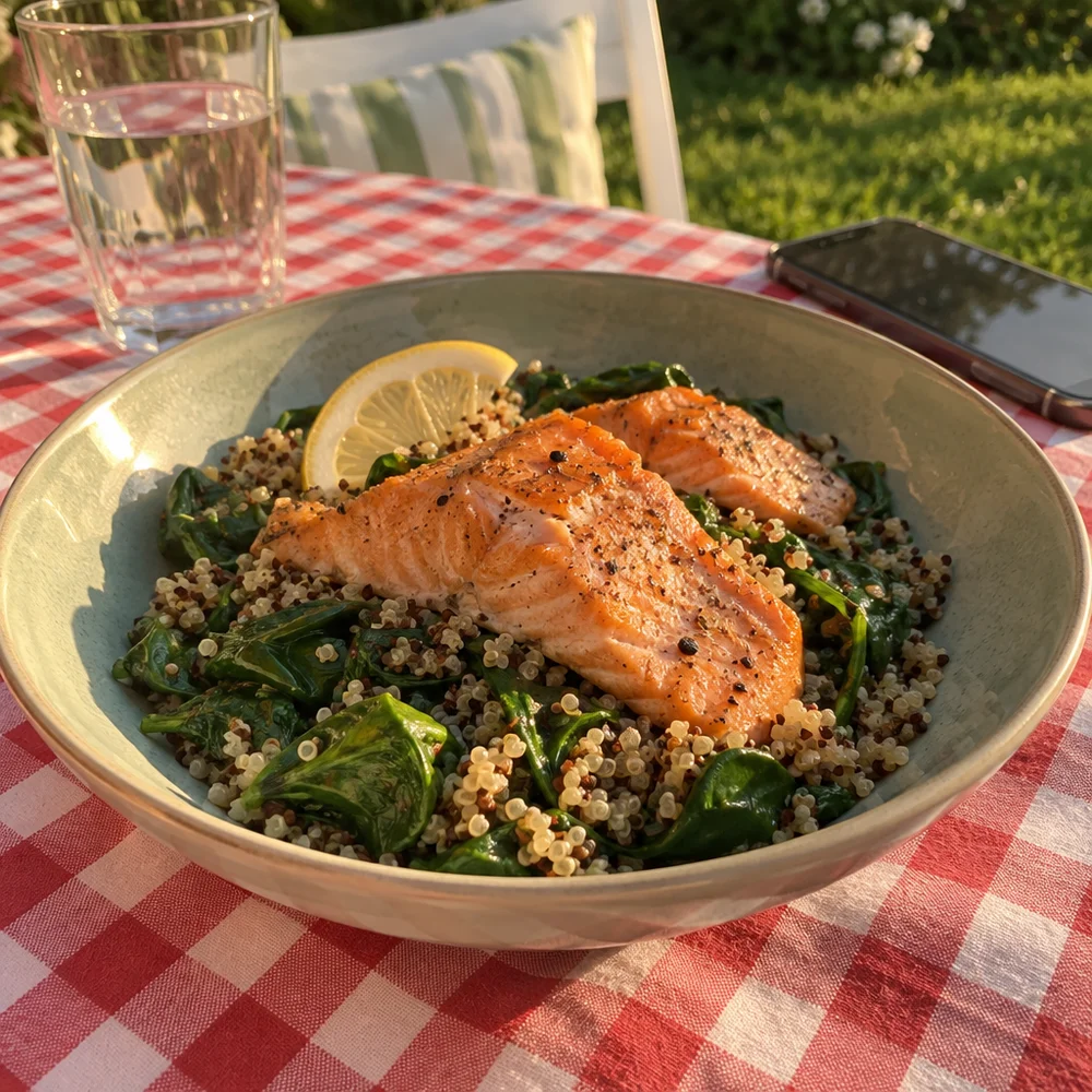 Oven-baked wild salmon with quinoa and spinach