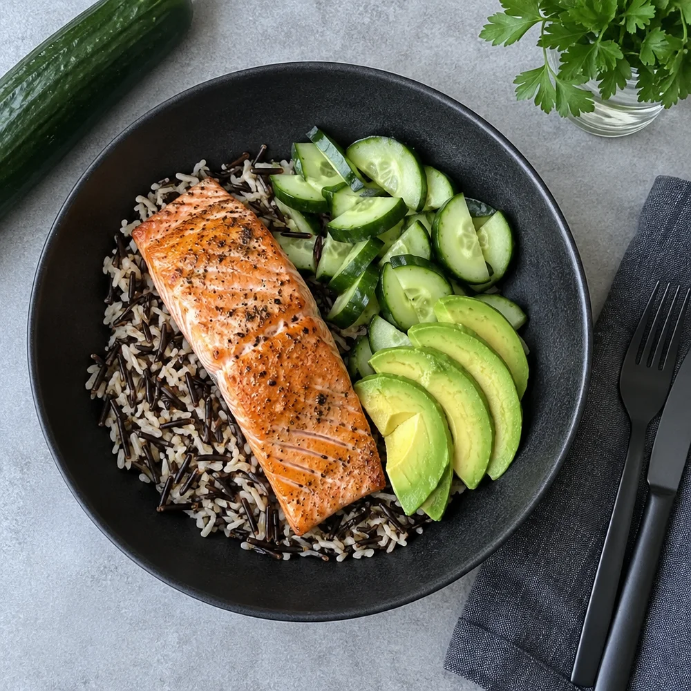 Wild salmon and wild rice bowl with avocado