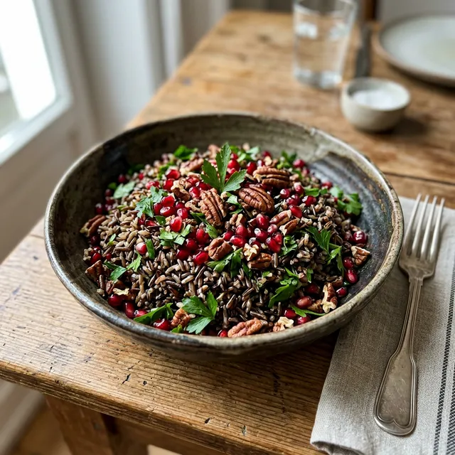 Vegan wild rice salad with pomegranate and pecans