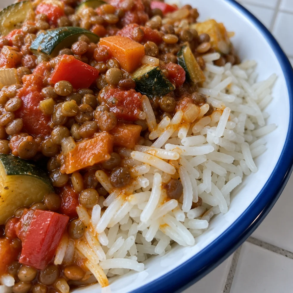 Spiced lentil and veg pan with rice
