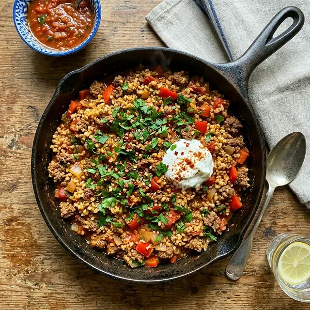 Spiced beef mince and bulgur pan-fry