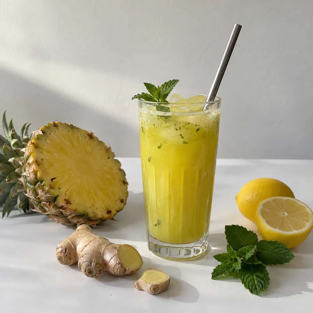 Zingy vegan pineapple, ginger and mint juice