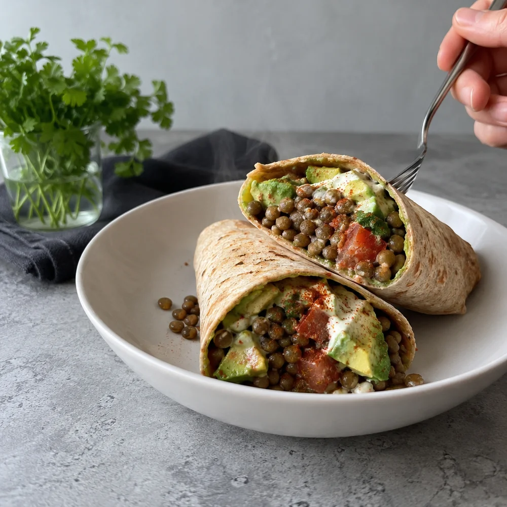 Spiced lentil and avocado wrap with yoghurt dressing