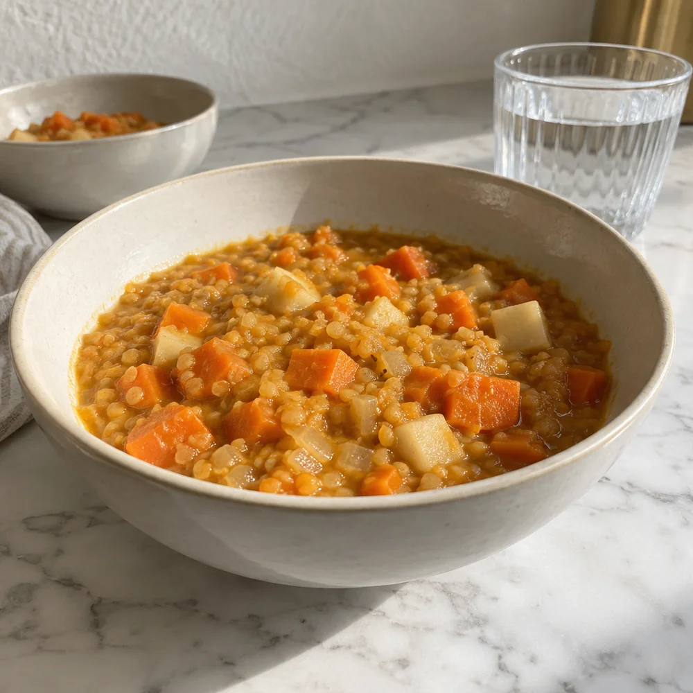 Savoury vegan lentil and vegetable stew