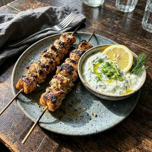 Tender chicken skewers with tzatziki