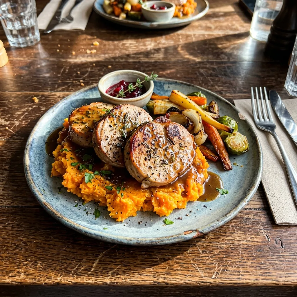 Tender turkey medallions on sweet potato mash