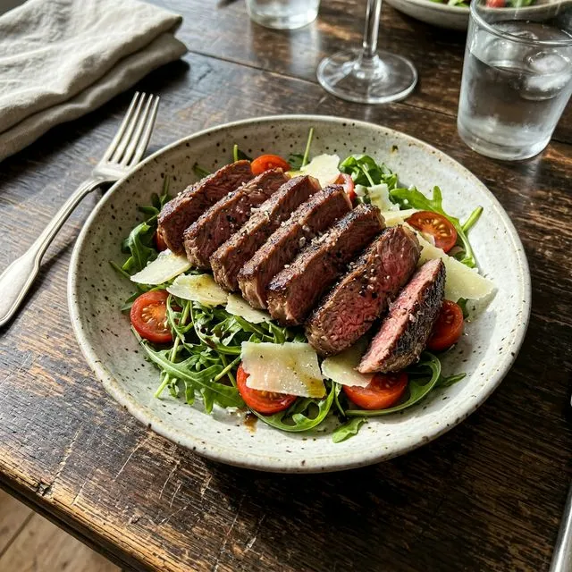 Tender beef steak strips on rocket