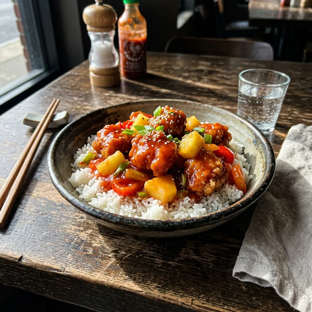 Tender sweet and sour chicken with fresh pineapple