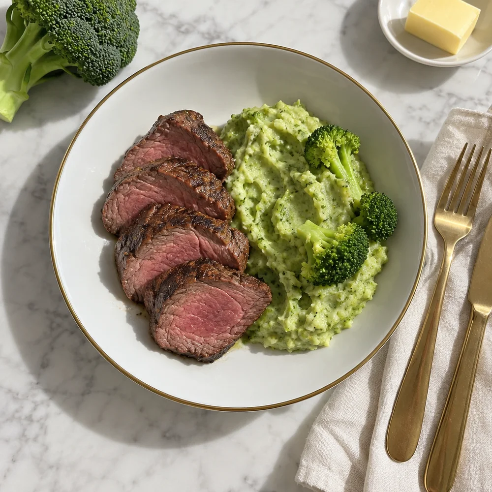 Tender beef fillet with broccoli purée