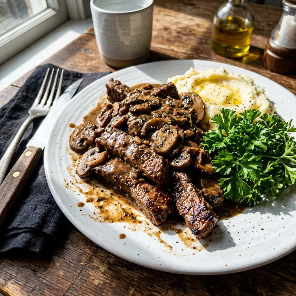 Tender sliced beef with mushrooms
