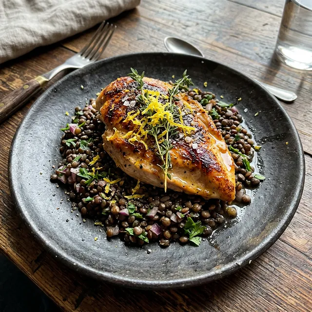 High-protein lemon chicken breast on lentil salad