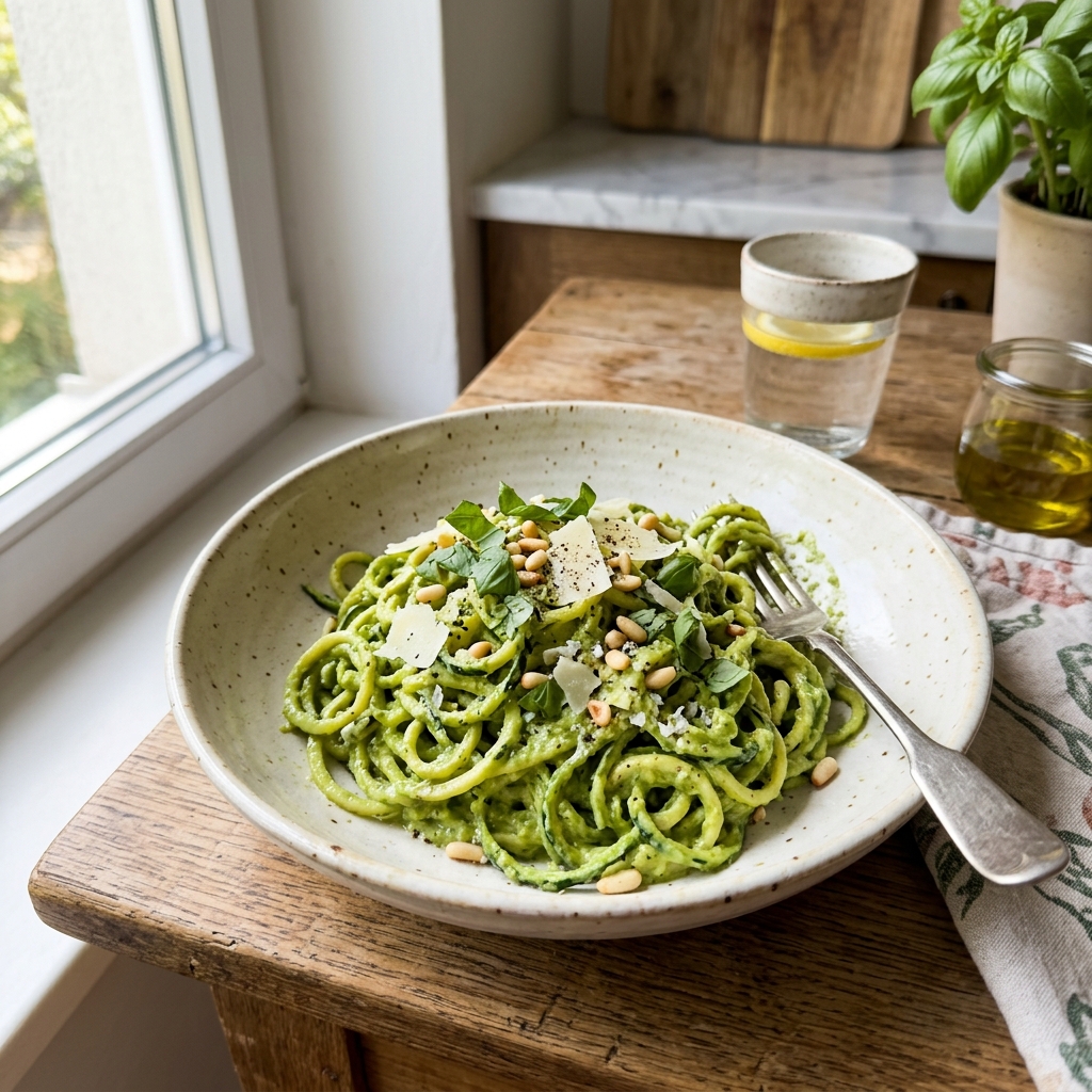 Avocado pesto courgette noodles