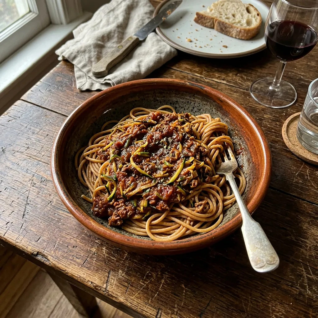 Courgette bolognese with wholemeal spaghetti