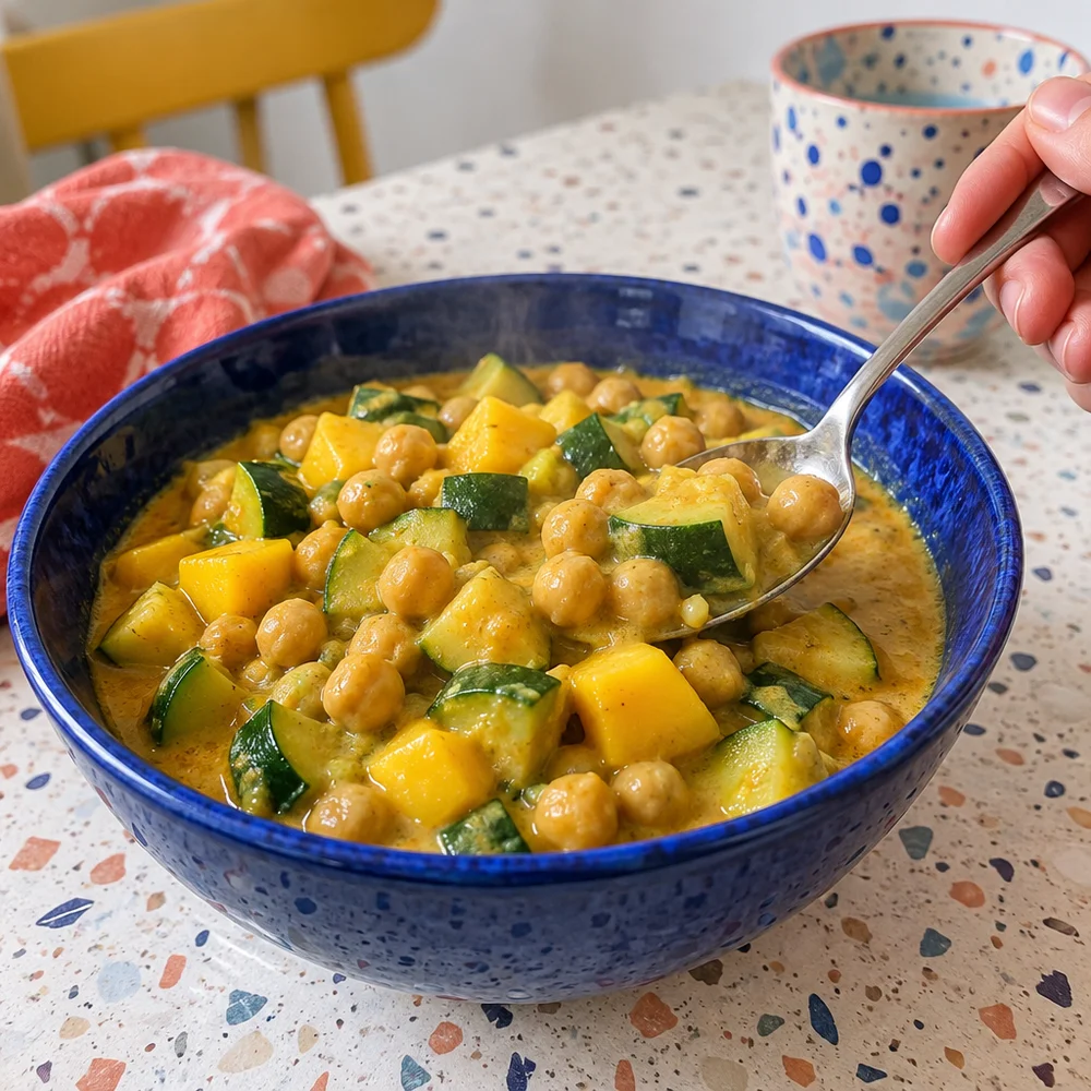 Creamy courgette and chickpea curry with mango