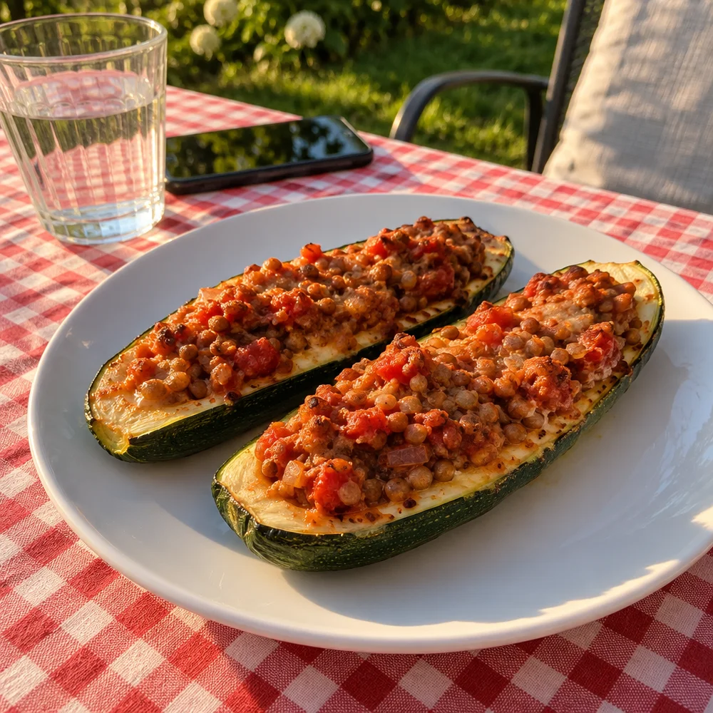 Cheese-topped courgette boats with lentil bolognese