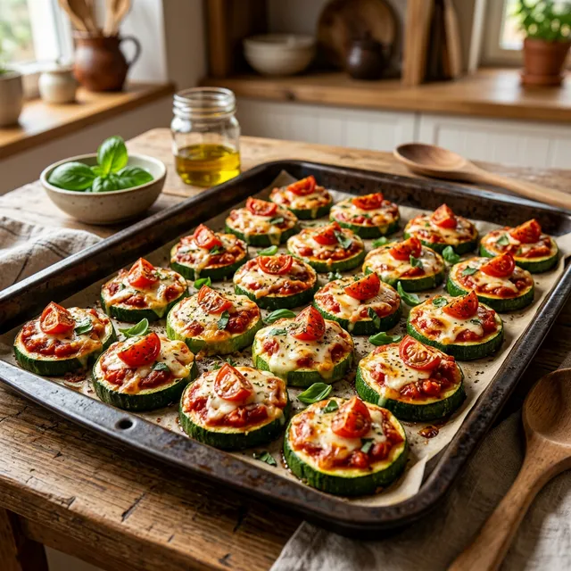 Keto courgette pizzas with mozzarella and cherry tomatoes
